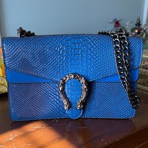 Blue Textured Chain Shoulder Bag with Silver Hardware